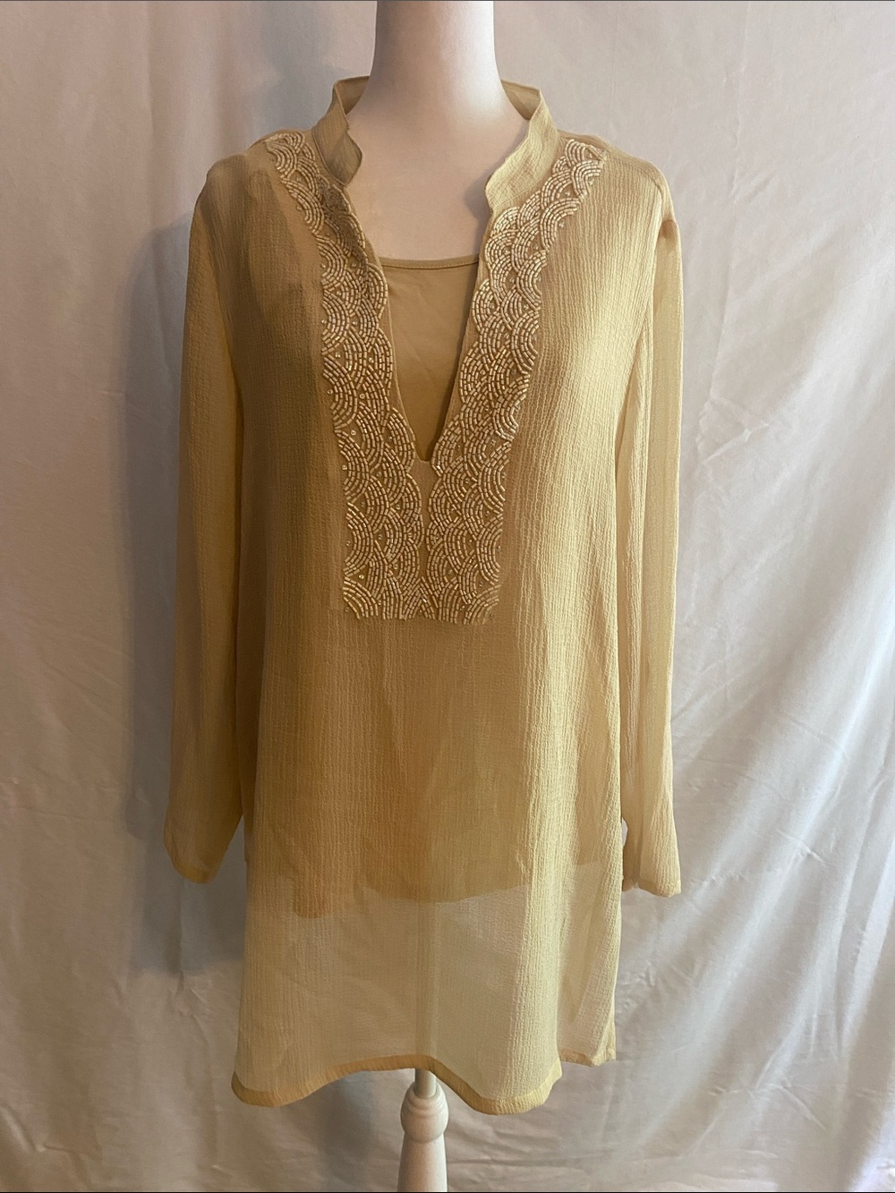 Chico's Cream Beaded V-Neck tunic mandarin collar double layer long extra large